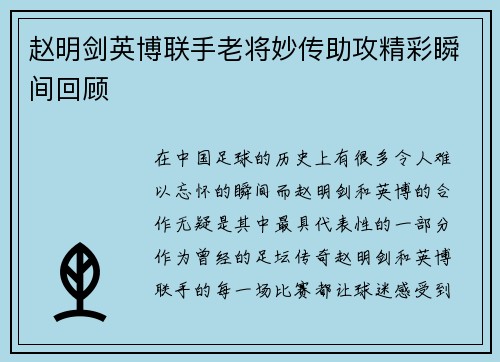 赵明剑英博联手老将妙传助攻精彩瞬间回顾